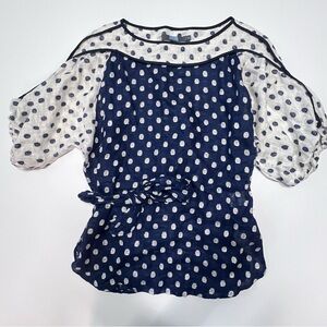 Eva Franco 100% Linen Polka Dot Blouse Tie Waist Sheer Sleeve Top Size 4